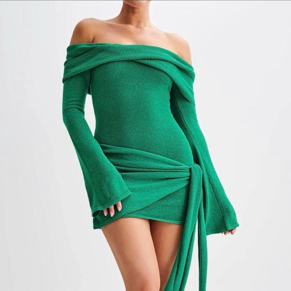 Meshki Emerald Off-Shoulder Wrap-Knit Mini Dress